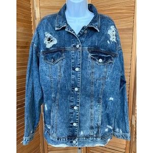 Mudd Women's Distressed Ripped Destroyed Denim Blue Jean Jacket Size Large